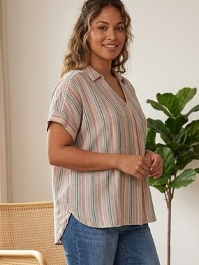 Denver Hayes XL Cotton Rayon Striped Relaxed Fit Striped Summer Top Rolled Cuff